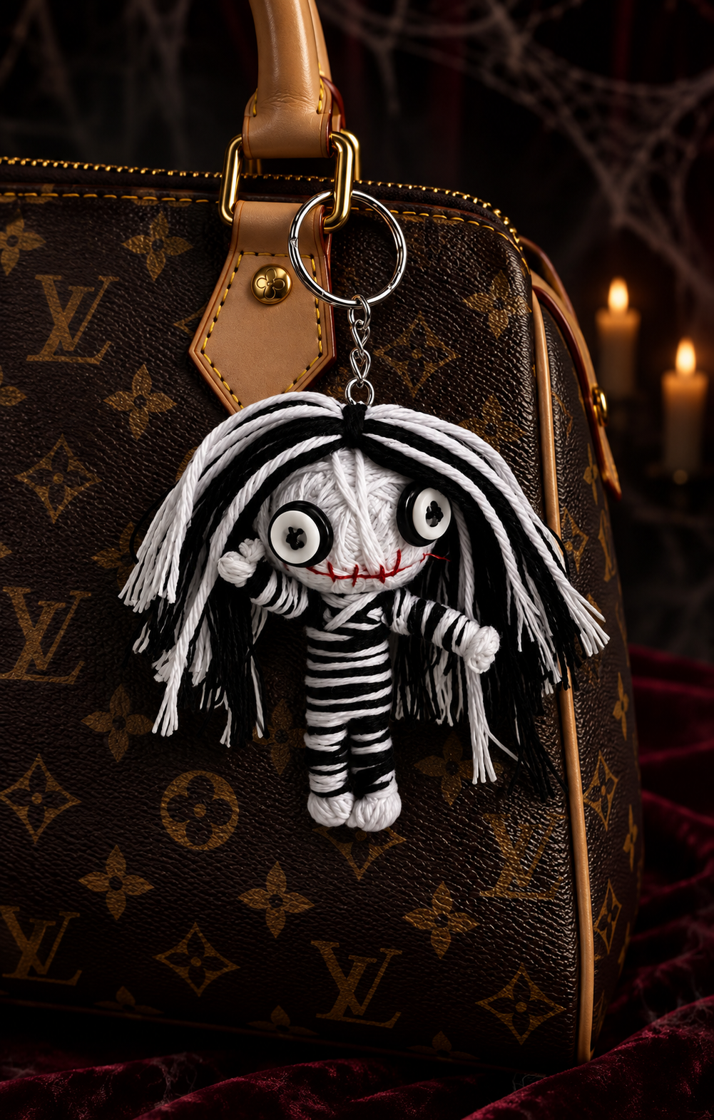 Stitched Mischief Keychain – Black & White