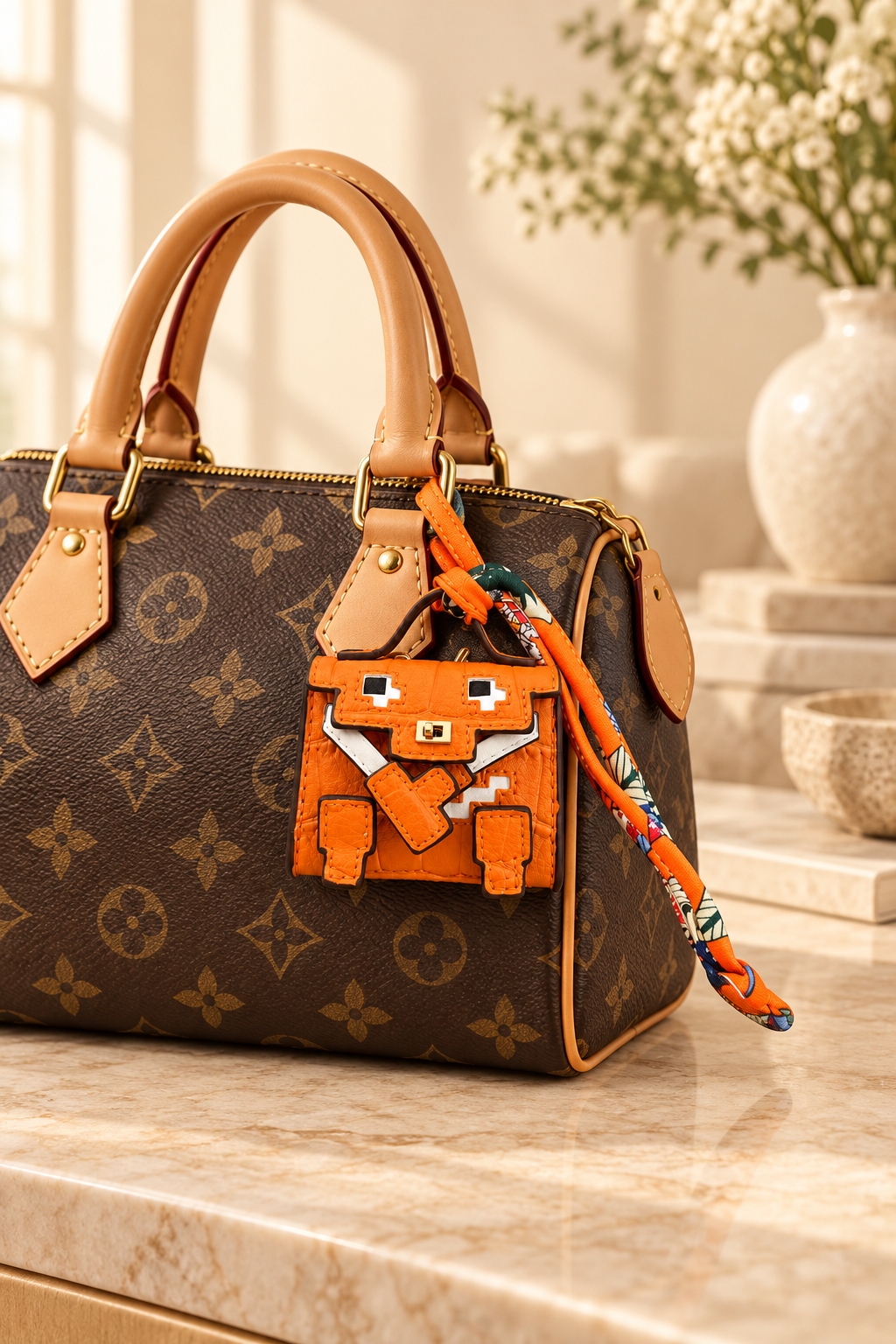 Orange Pixel Mini Bag Charm & Keychain